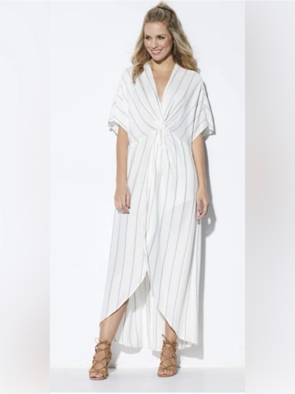 Show Me Your MuMu White Striped V-Neck Knot-Front Coverup